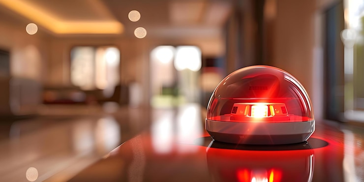 Foto casa protetta da sistema di allarme a cupola rossa per protezione e sicurezza concept home security red dome alarm system safety protection secure home