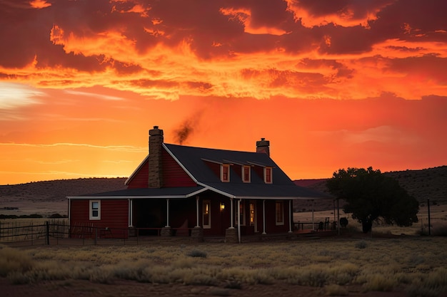 Casa ranch con vista del tramonto che delinea la casa contro un cielo infuocato