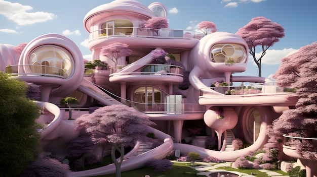 Casa rosa barbie in erba rotonda con parco giochi rosa nello stile del mondo futuristico