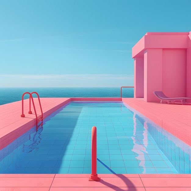 Casa rosa con piscina vicino all'oceano azzurro per il tempo libero