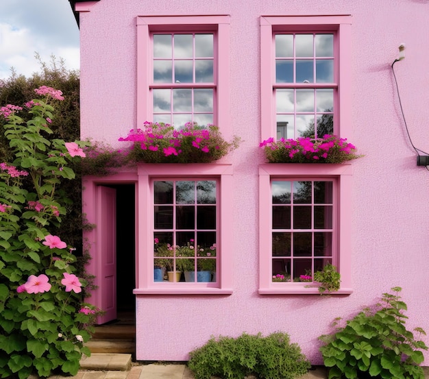 casa rosa con una bella finestra in un giardino con un muro bianco