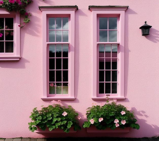 casa rosa con una bella finestra in un giardino con un muro bianco