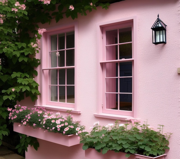 casa rosa con una bella finestra in un giardino con un muro bianco