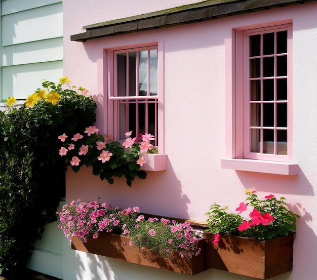 casa rosa con una bella finestra in un giardino con un muro bianco