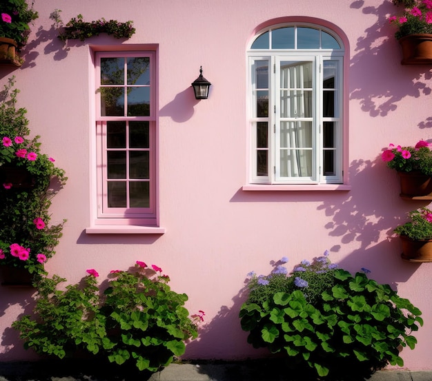 casa rosa con una bella finestra in un giardino con un muro bianco