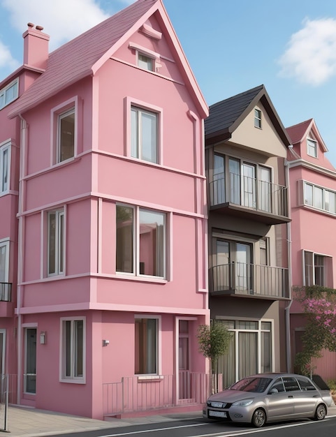 Casa rosa nel mezzo di un ambiente urbano