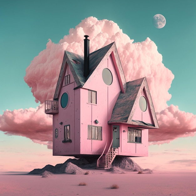 Casa rosa sul cielo generativo Ai