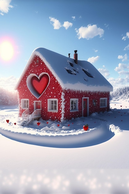 Casa rossa con un cuore nella neve ai generativa