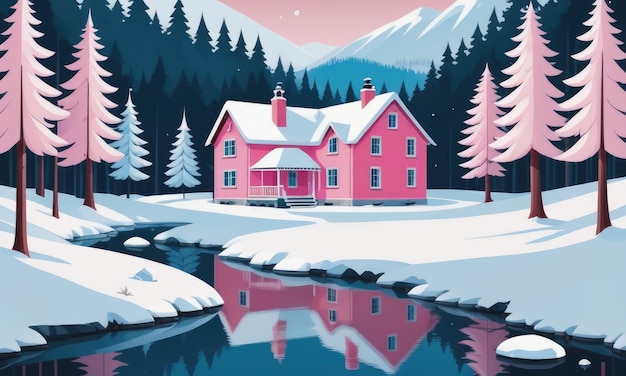 Casa rurale rosa sulla pianura della foresta invernale vicino al lago ghiacciato illustrazione di cartoni animati