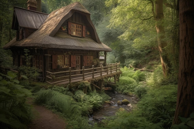 Casa rustica nel bosco circondata da lussureggiante vegetazione generativa IA