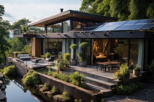 Casa sostenibile con pannelli solari e IA generativa per la cattura dell'acqua