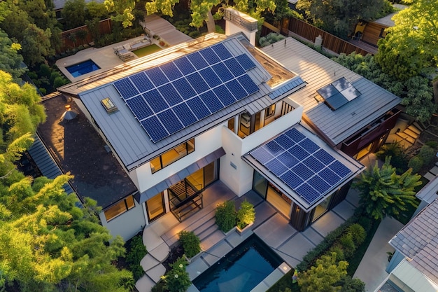 Casa sostenibile e nuova eco-friendly con pannelli solari sul tetto sotto un cielo luminoso