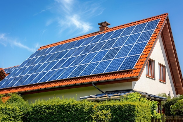 Casa sostenibile e nuova eco-friendly con pannelli solari sul tetto sotto un cielo luminoso