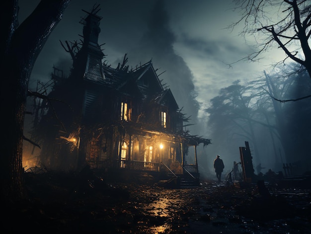 Casa spaventosa nella foresta con alberi spaventosi sfondo orrore IA generativa