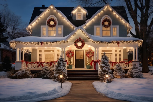 Casa splendidamente decorata di notte con luci di Natale