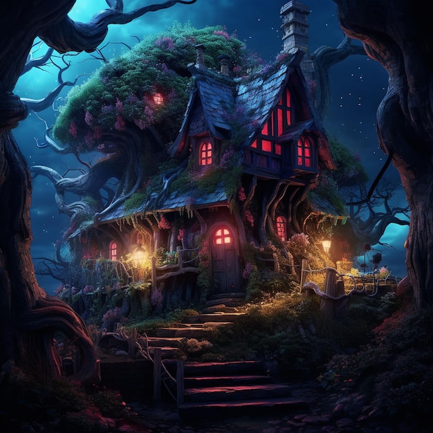 Casa stregata dalle streghe Zucche Pipistrelli Design festivo di Halloween Testa di zucca spaventosa