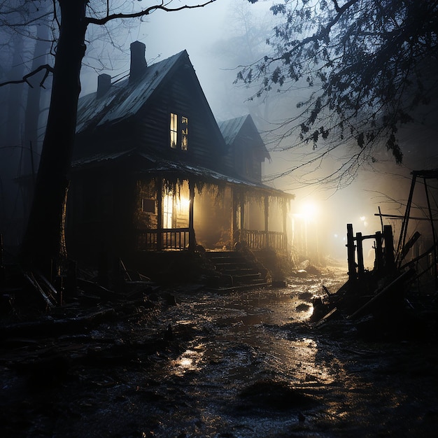 Casa stregata di Halloween nella foresta oscura generata dall'intelligenza artificiale