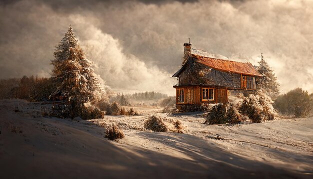 Casa su una collina con neve e alberi spogli in inverno