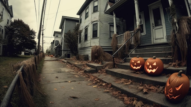 Casa sul marciapiede delle zucche di Halloween