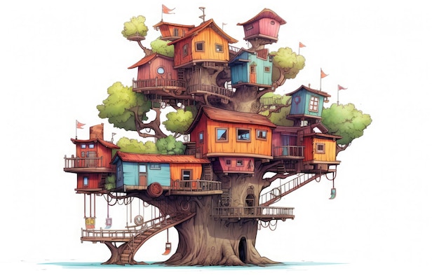 Casa sull'albero di fantasia colorata con livelli su sfondo bianco