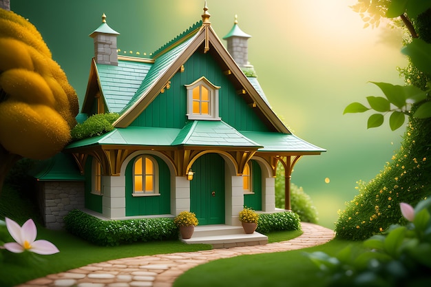 Casa sull'albero di favola in una misteriosa casa boschiva, guerrieri ed elfi, modello per la piattaforma di progettazione AI.