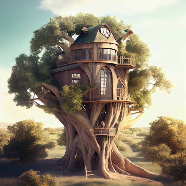 Casa sull'albero di lusso nella foresta illustrazione di rendering 3d