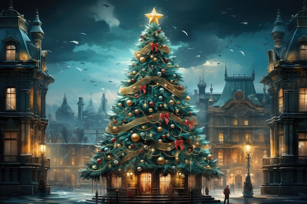 Casa sull'albero di Natale da favola nel centro di una città medievale Biglietto di Capodanno