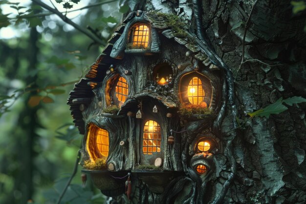Casa sull'albero incantata con finestre illuminate annidata in un albero