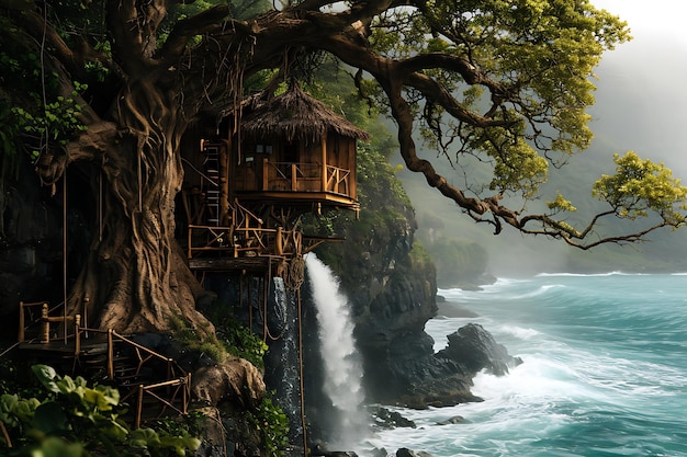 Casa sull'albero vicino a una cascata