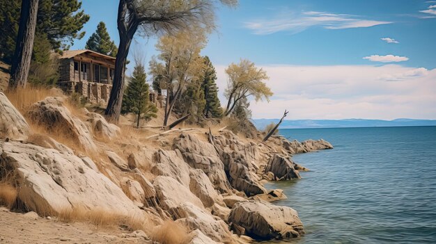 Casa sulla riva rocciosa con grandi alberi Un realismo topografico ispirato alla natura