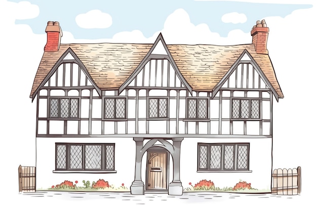 Casa Tudor a tre piani in bianco e nero con grandi finestre illustrazione in stile rivista
