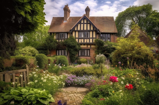 Casa Tudor circondata da una vegetazione lussureggiante e splendidi fiori