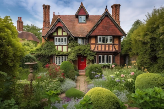 Casa Tudor con giardino tradizionale e pareti in mattoni rossi