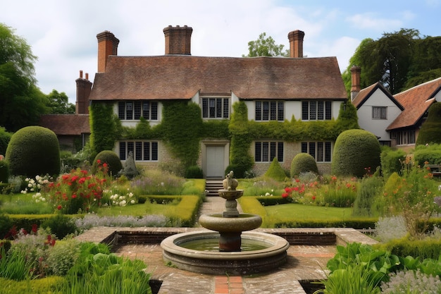 Casa Tudor con vista giardino e fontana immersa nel verde