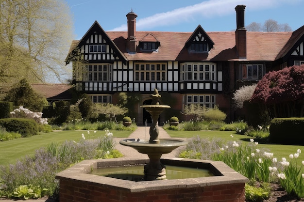 Casa Tudor con vista sul giardino e fontana sullo sfondo del caldo sole primaverile