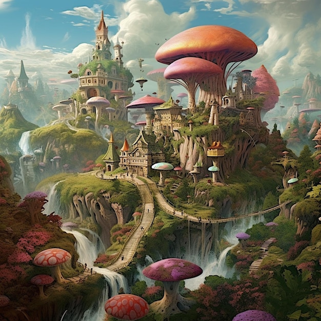 Casa umana in funghi sfondo fantastico