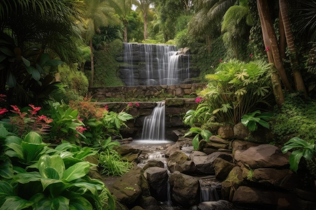 Cascata a cascata e giardino lussureggiante sullo sfondo