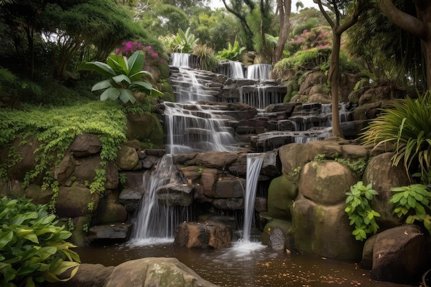 Cascata a cascata e giardino lussureggiante sullo sfondo