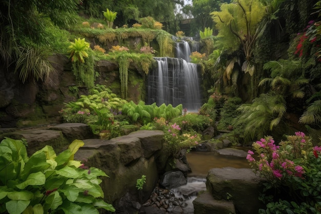 Cascata a cascata e giardino lussureggiante sullo sfondo
