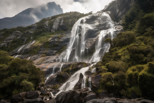 Cascata a cascata su una scogliera rocciosa circondata da maestose montagne create con intelligenza artificiale generativa