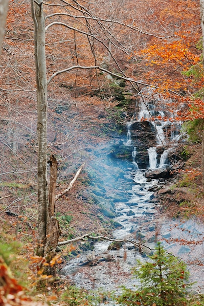 Cascata Borzhava con fumo dal fuoco sotto il villaggio di montagna Pylypets ski resort. Foto verticale