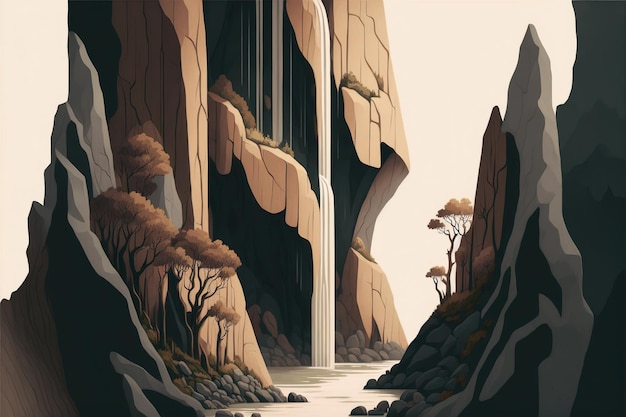 Cascata che scende a cascata lungo una scogliera Illustrazione di design piatto colori tenui e terrosi armonia ed equilibrio IA generativa