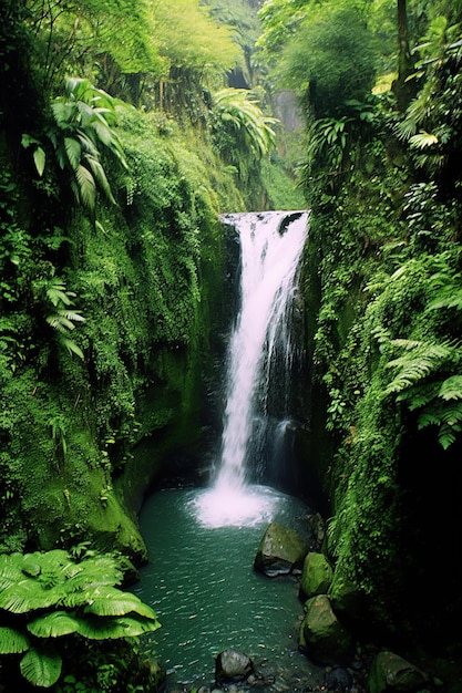 cascata che scende da una scogliera rocciosa circondata da una vegetazione lussureggiante