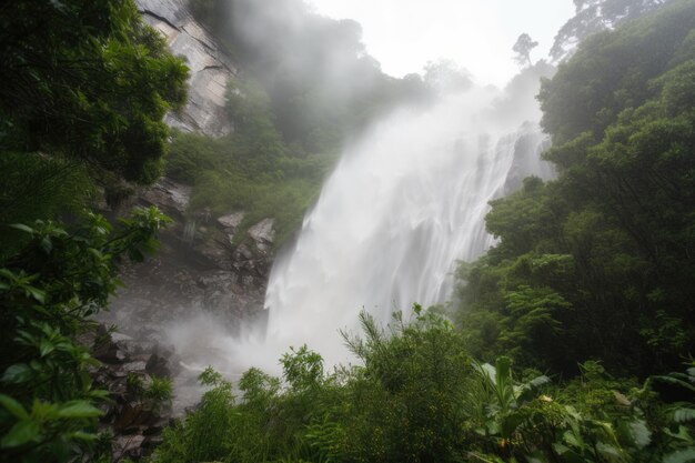 Cascata che si infrange sulla parete rocciosa circondata dal verde e dalla nebbia creata con l'IA generativa