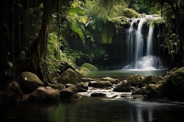 Cascata circondata da fogliame lussureggiante AI generativa