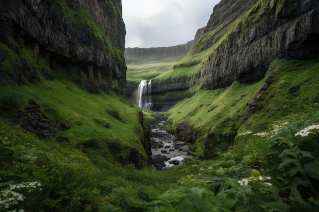 Cascata circondata da vegetazione lussureggiante e imponenti scogliere create con intelligenza artificiale generativa