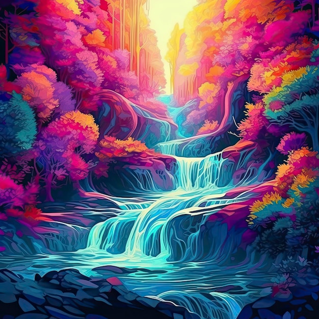 Cascata colorata in una foresta psichedelica 4k iridescente