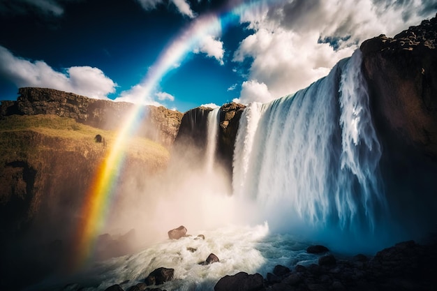 Cascata con acqua che cade dall'alto e un colorato arcobaleno nella nebbia