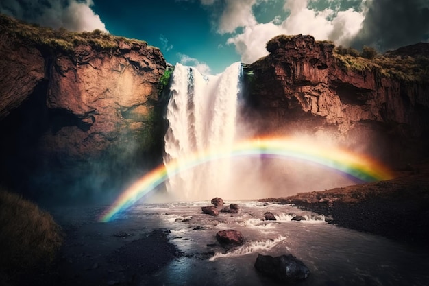 Cascata con acqua che cade dall'alto e un colorato arcobaleno nella nebbia