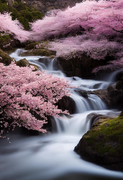 Cascata con ciliegio in fiore come il fiore di sakura nell'illustrazione 2D della foresta